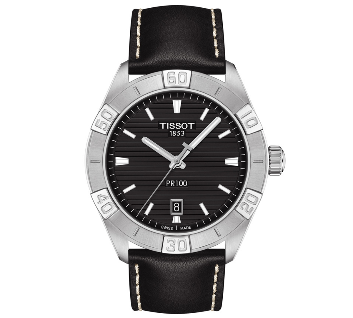 Tissot Men's Swiss Pr 100 Sport Black Leather Strap Watch 42mm