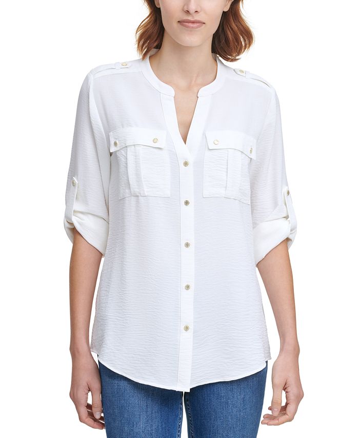Calvin Klein Textured Roll Tab Button Down Shirt - Macy's