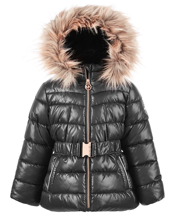 Michael Kors Toddler Girls Belted Puffer Coat with Faux-Fur Trim - Macy's