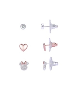 image of Disney Two-Tone Minnie Mouse Earring Set with Heart and Bezel Cubic Zirconia Stud Earrings, Three Pair