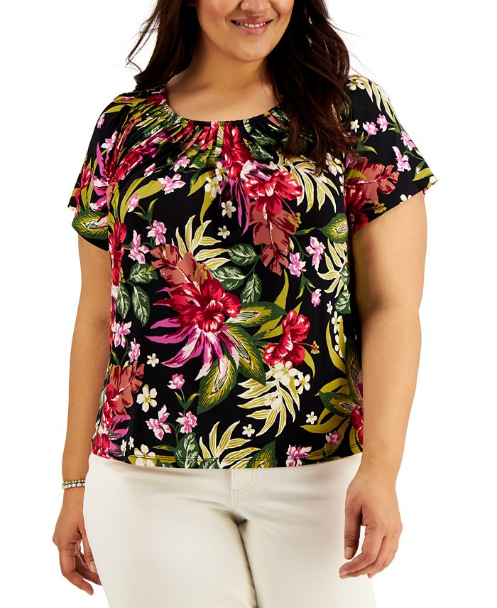 Style & Co Petite Floral-Print Pleat-Neck Top, Created for Macy's - Macy's