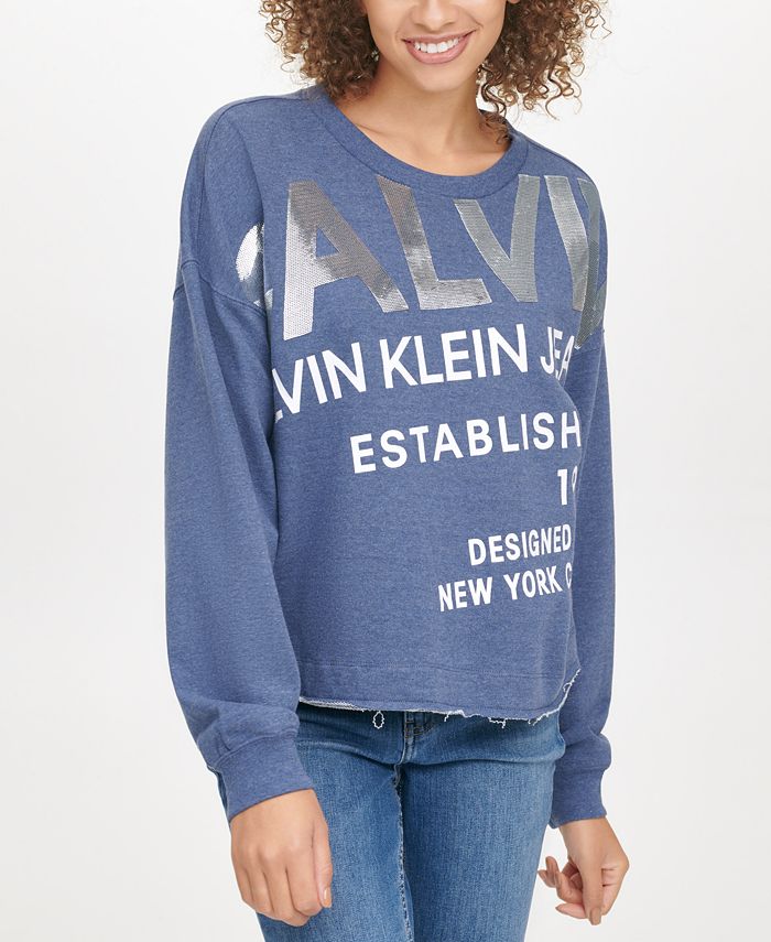 Calvin Klein Jeans Sequin-Embellished Logo-Graphic Sweatshirt - Macy's
