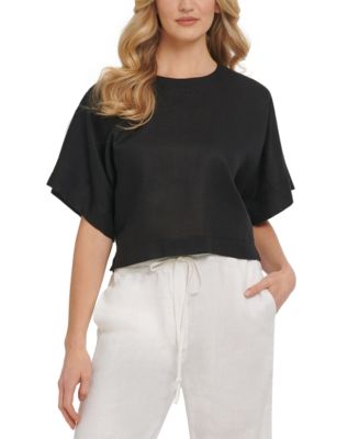 DKNY Linen Drop Shoulder Short Sleeve Top - Macy's