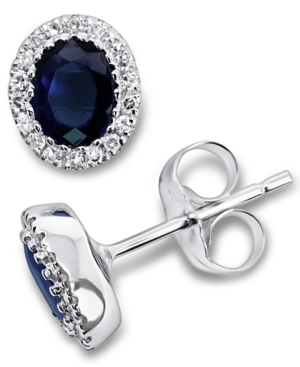 image of Sapphire (7/8 ct. t.w.) & Diamond (1/10 ct. t.w.) Oval Stud Earrings in 14k White Gold