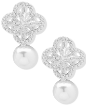 image of Anne Klein Silver-Tone Crystal & Imitation Pearl Drop Earrings