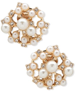 image of Anne Klein Gold-Tone Imitation Pearl & Crystal Clip-On Earrings