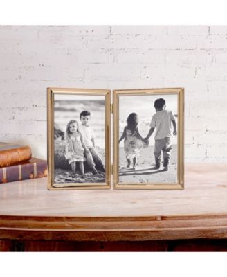 Polished Metal Hinged Double Picture Frame - Bead Border Design, 5" x 7"