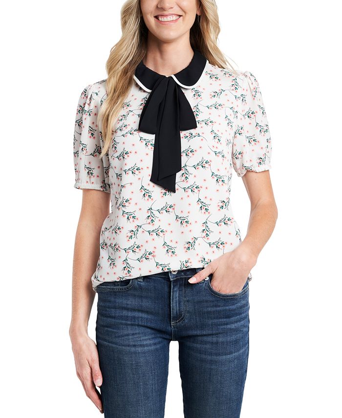 CeCe Collared Printed Bow Blouse - Macy's
