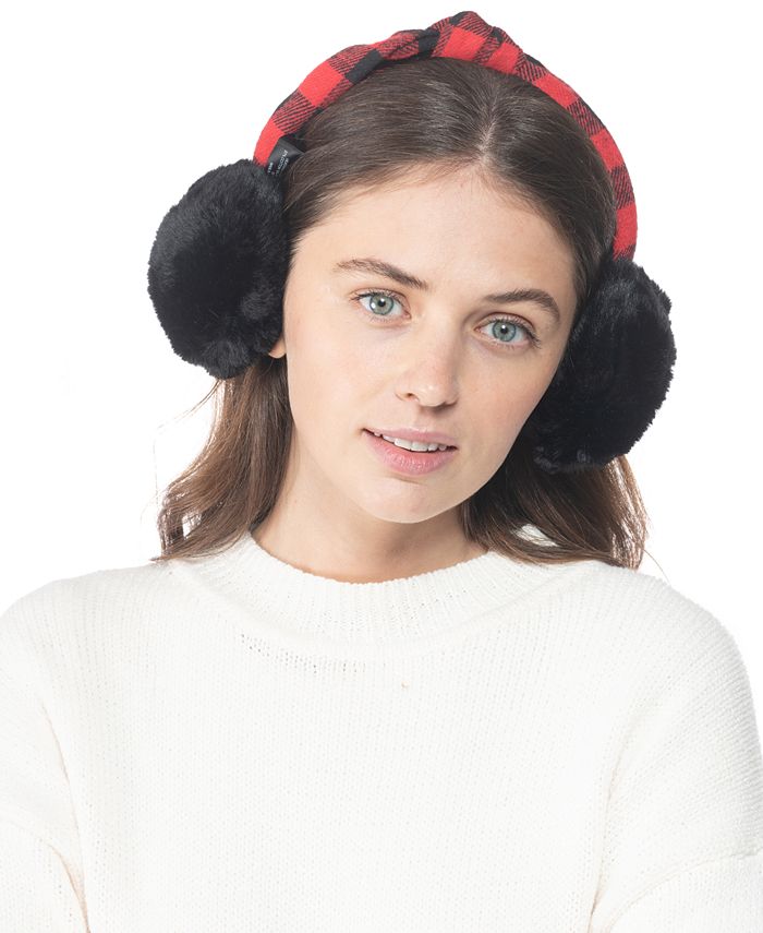 INC International Concepts INC Buffalo Check Top Knot Faux Fur Earmuffs