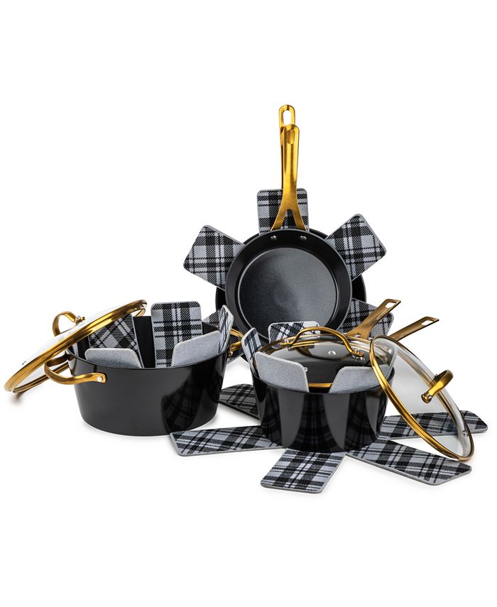 Navy Blue Pots and Pans Set Nonstick -15 PC Luxe Gold Pots and Pans Set, 100% PFOA Free, Non Toxic, Non Stick, Induction Ready Pots and Pans Set