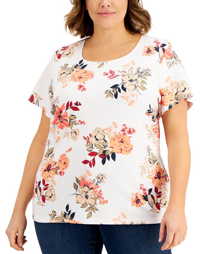 Karen Scott Plus Size Floral-Print Scoop-Neck Top, Created for Macy's ...
