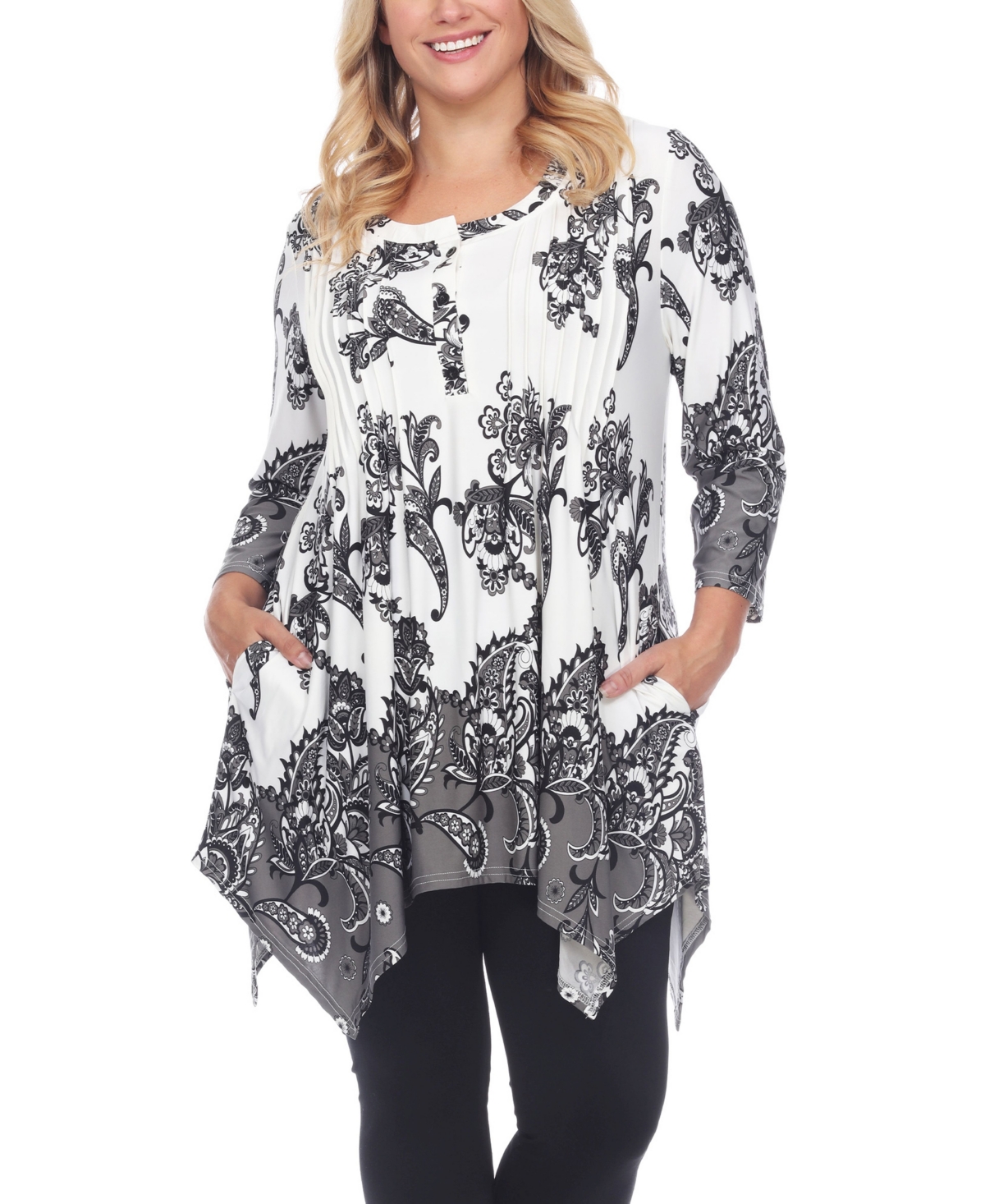 Women's Plus Size Floral Printed Tunic Top - White, Blue