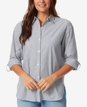 Gloria Vanderbilt Petite Amanda Cotton Button-front Shirt In Marine Navy Stripe