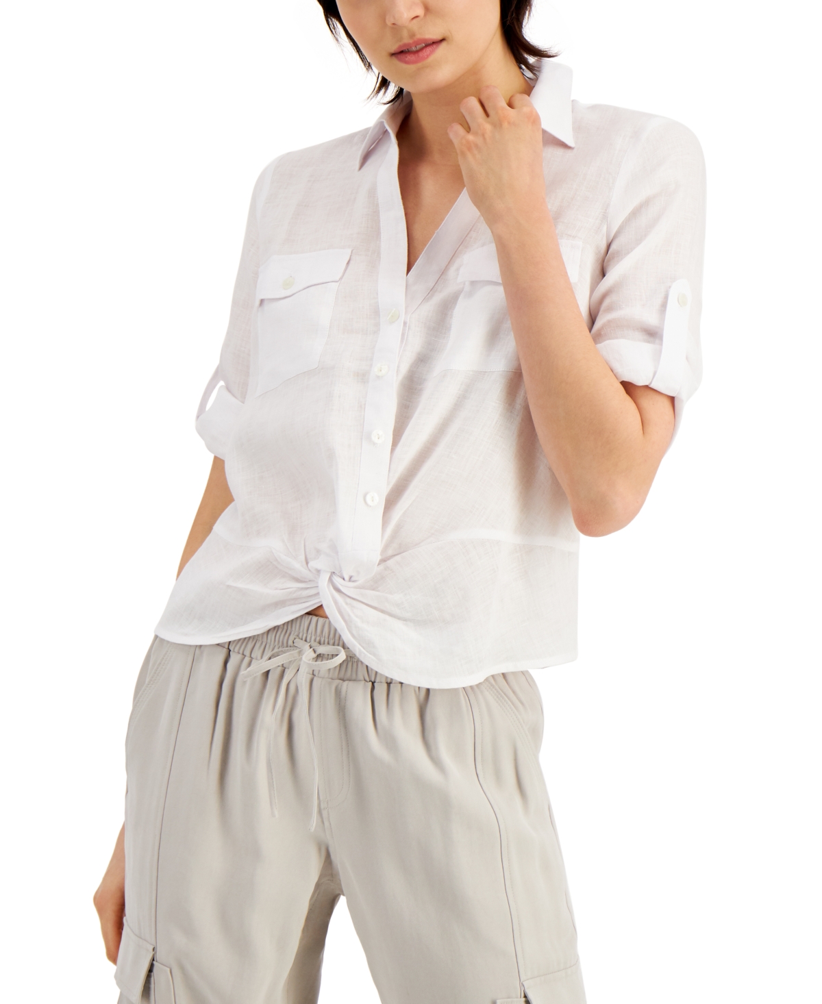 Inc International Concepts Women's Linen Twist-hem Blouse, Created For Macy's In Bright White