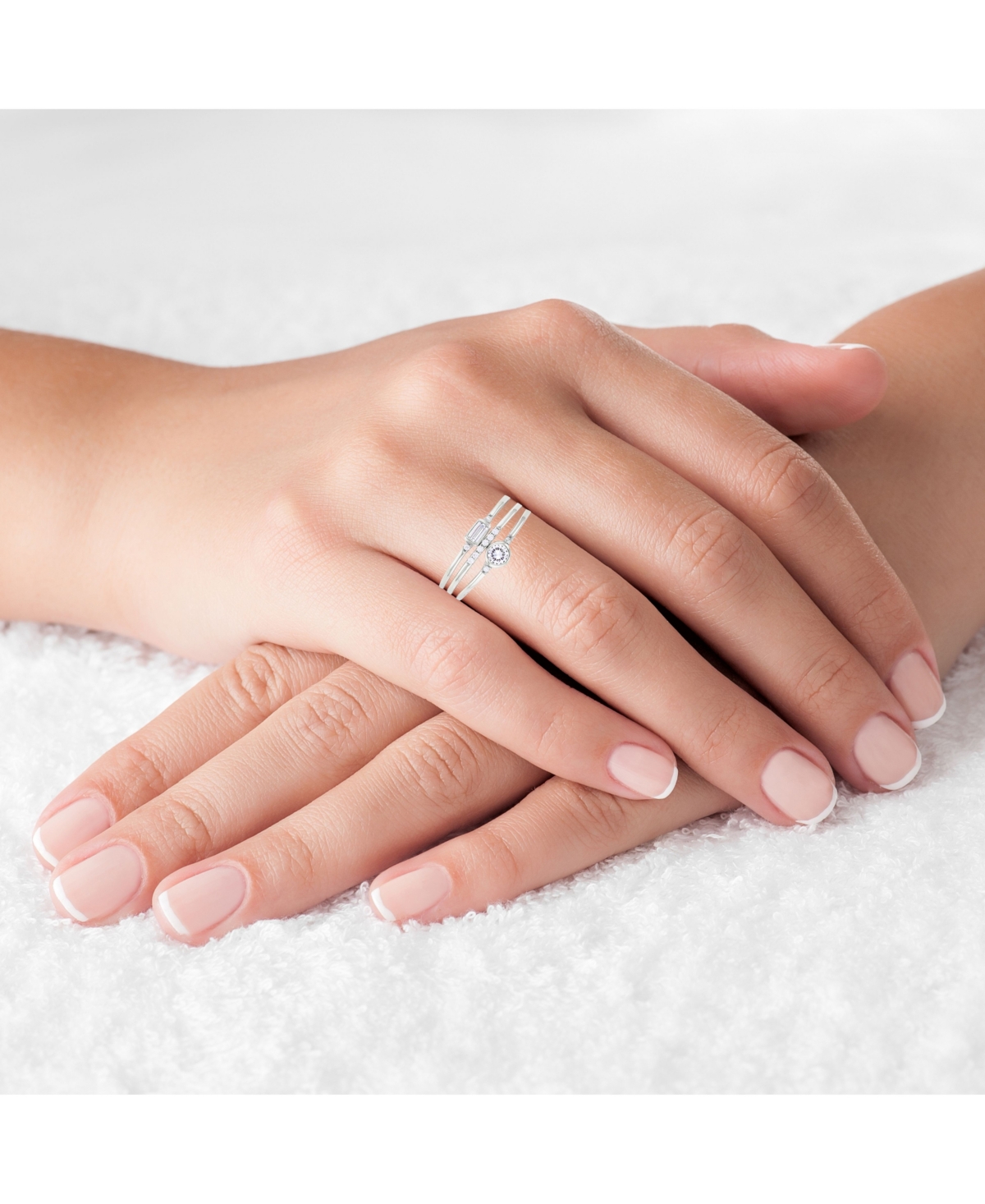 Cubic Zirconia Round and Baguette Faux Stacked Ring - Rhodium Plated Sterling Silver with Whit