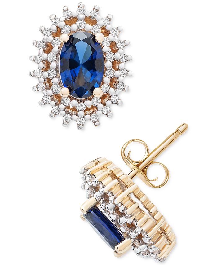 Macy's - Sapphire (5/8 ct. t.w.) & Diamond (1/4 ct. t.w.) Halo Stud Earrings in 14k Gold