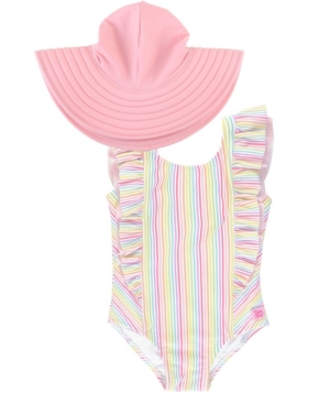 RuffleButts Baby Girls Ruffle Stripe 1-Piece Swim Hat Set