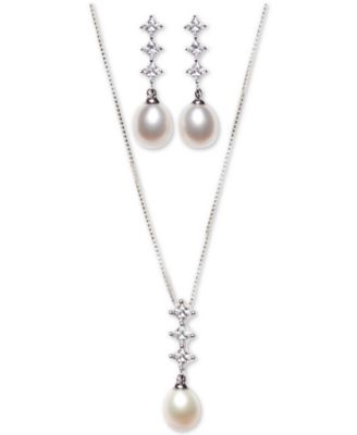 Macy's - Cultured Freshwater Pearl (7x9mm) and Cubic Zirconia Pendant Earring Set in Sterling Silver