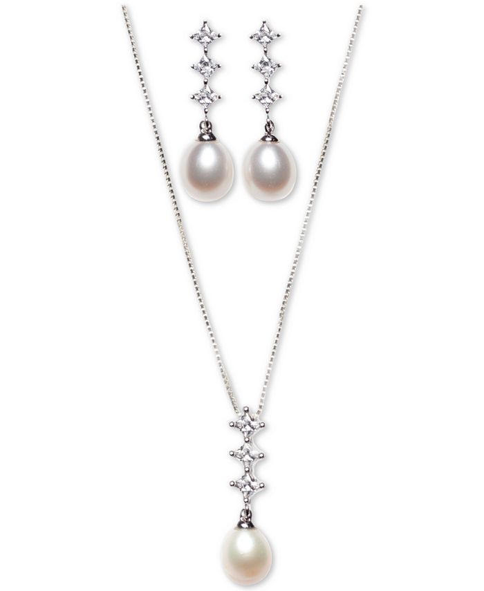 Macy's - Cultured Freshwater Pearl (7x9mm) and Cubic Zirconia Pendant Earring Set in Sterling Silver