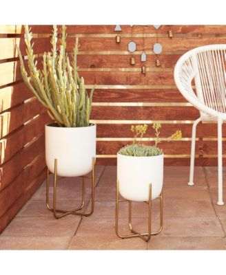 Contemporary Style Large Round Metallic Planters in Stands, Set of 2