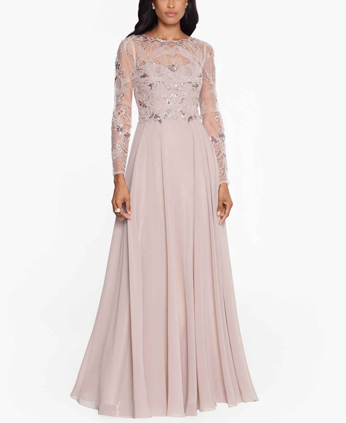 Petite Mesh-Sleeve Embellished Gown - Taupe