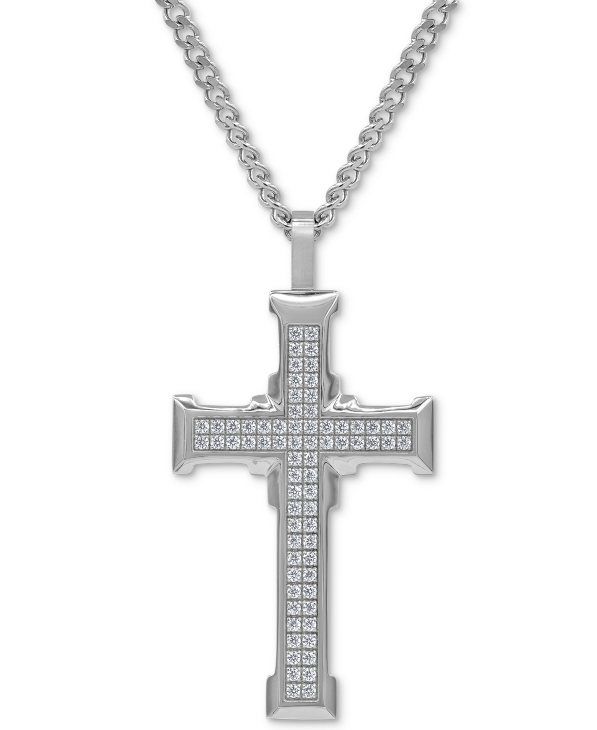 Men's Cubic Zirconia Large Cross 24" Pendant Necklace in Stainless Steel - Stainless Steel
