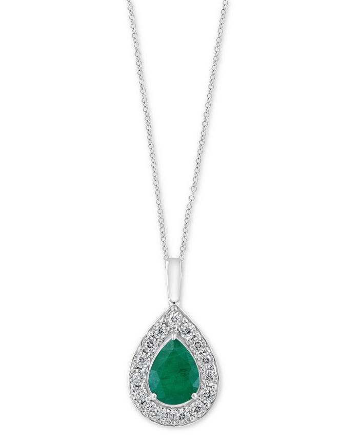 EFFY Collection - Emerald (1-1/8 ct. t.w.) & Diamond (1/5 ct. t.w.) Teardrop Halo 18" Pendant Necklace in 14k White Gold