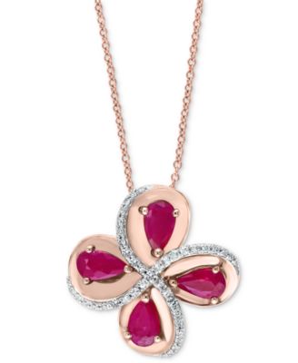 EFFY Collection - Ruby (7/8 ct. t.w.) & Diamond (1/10 ct. t.w.) Flower 18" Pendant Necklace in 14k Rose Gold