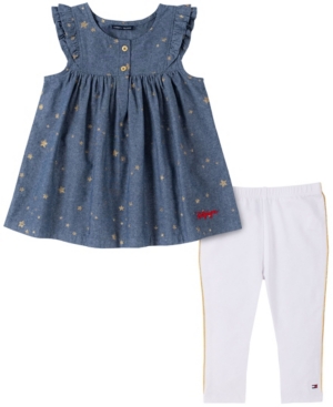Tommy Hilfiger Little Girls Chambray with Gold-Tone Foil Printed Stars Tunic and Legging Two Piece Set