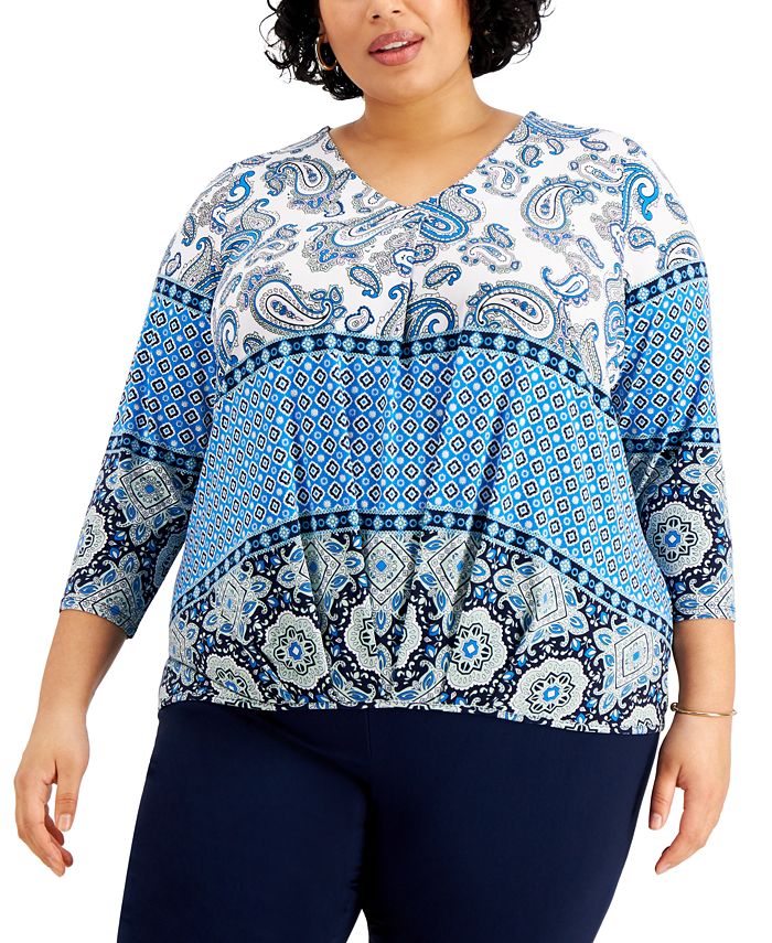 JM Collection Plus Size Mixed-Print V-Neck Top, Created for Macy's - Macy's