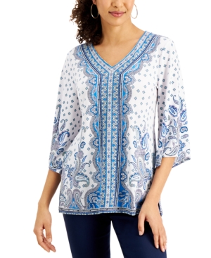 Jm Collection Printed Y-Neck Princess Top Created for Macy's