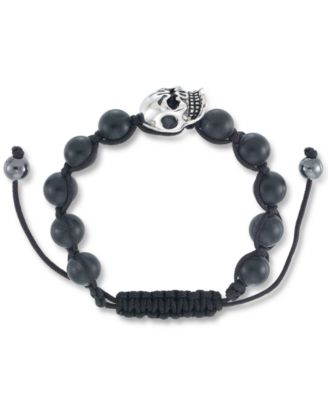 Men's Onyx Bead Skull Bolo Bracelet in Stainless Steel (Also in Tiger's Eye & White Agate)