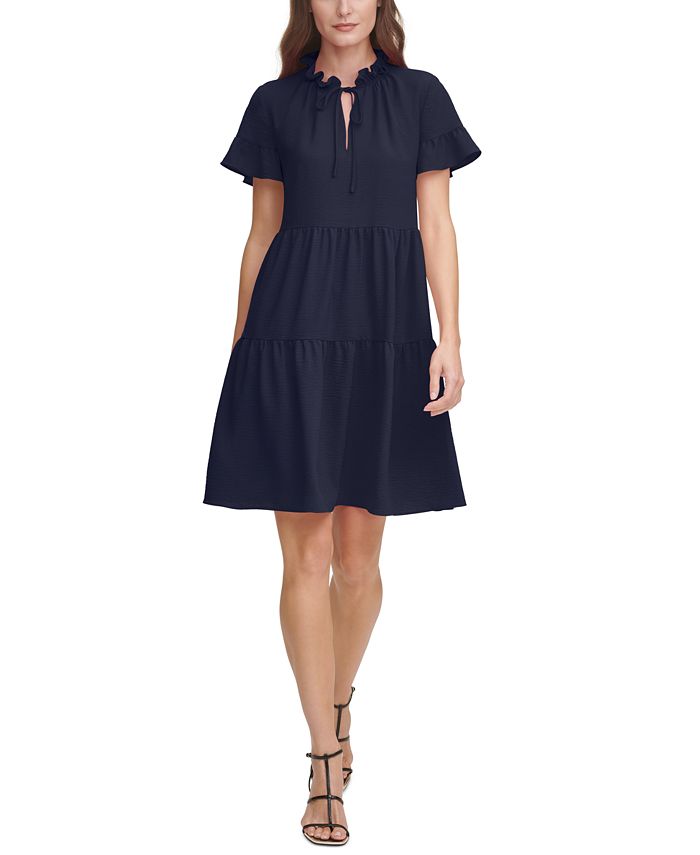dkny tiered tie neck dress