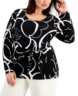 Alfani Plus Size Printed Tie-waist Top, Created For Macy's In Black White Bloom