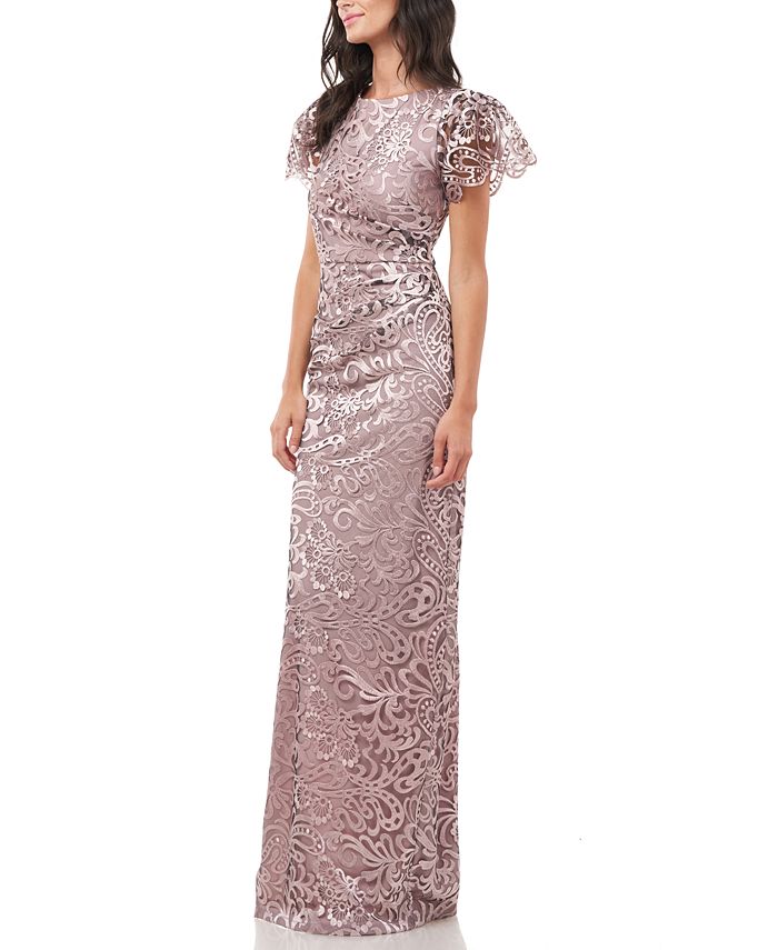 JS Collections Flutter-Sleeve Embroidered Gown - Macy's