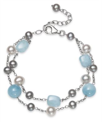 Macy's - Milky Aquamarine and Cultured Freshwater Pearl Double Row Sterling Silver Bracelet