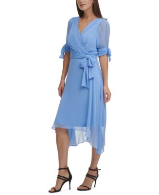 dkny tie sleeve faux wrap dress
