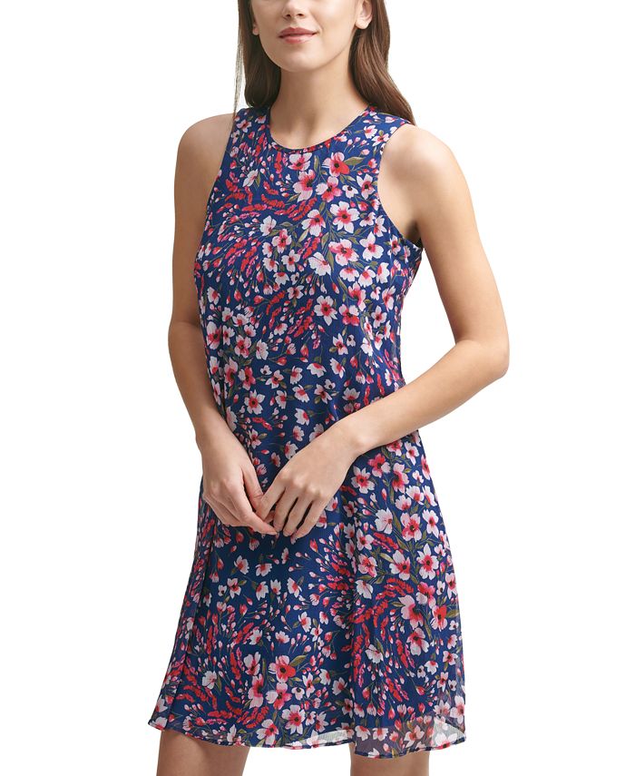 Calvin Klein Floral-Print Chiffon Trapeze Dress - Macy's