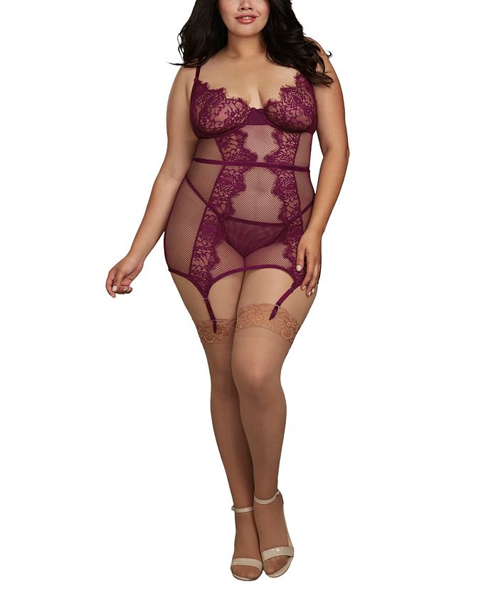 Dreamgirl Plus Size Eyelash Lace Bralette, Garter Skirt, and Choker Set with Satin Rosettes and Fishnet Elastic Trim