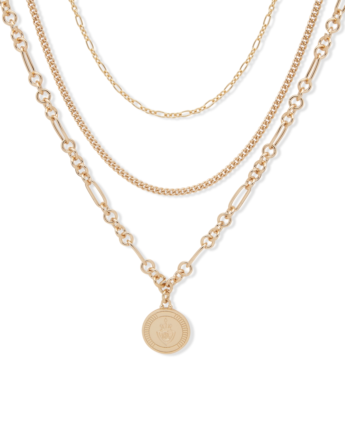 Lauren Ralph Lauren Gold-tone Crest Layered Pendant Necklace, 16" + 3" Extender In Pearl