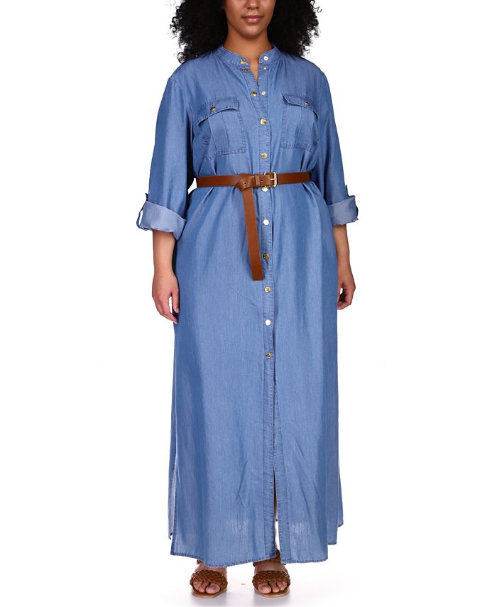 Michael Kors Plus Size Belted Maxi Shirt Dress - Macy's
