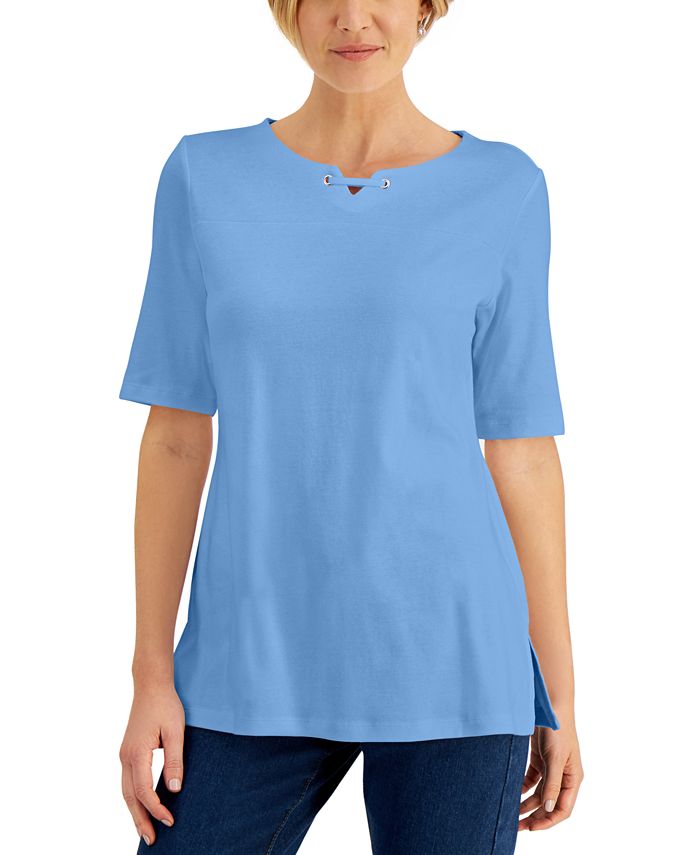 Karen Scott Cotton Elbow-Sleeve Notched-Neck Top, Created for Macy's ...