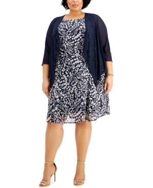 Connected Plus Size Floral-print Dress & Jacket In Navy