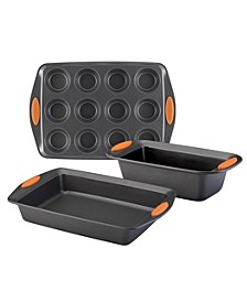 Yum-o! Bakeware Oven Lovin' Nonstick Muffin, Loaf, and Cake Pan Set, 3-Pc., Gray with Orange Handles