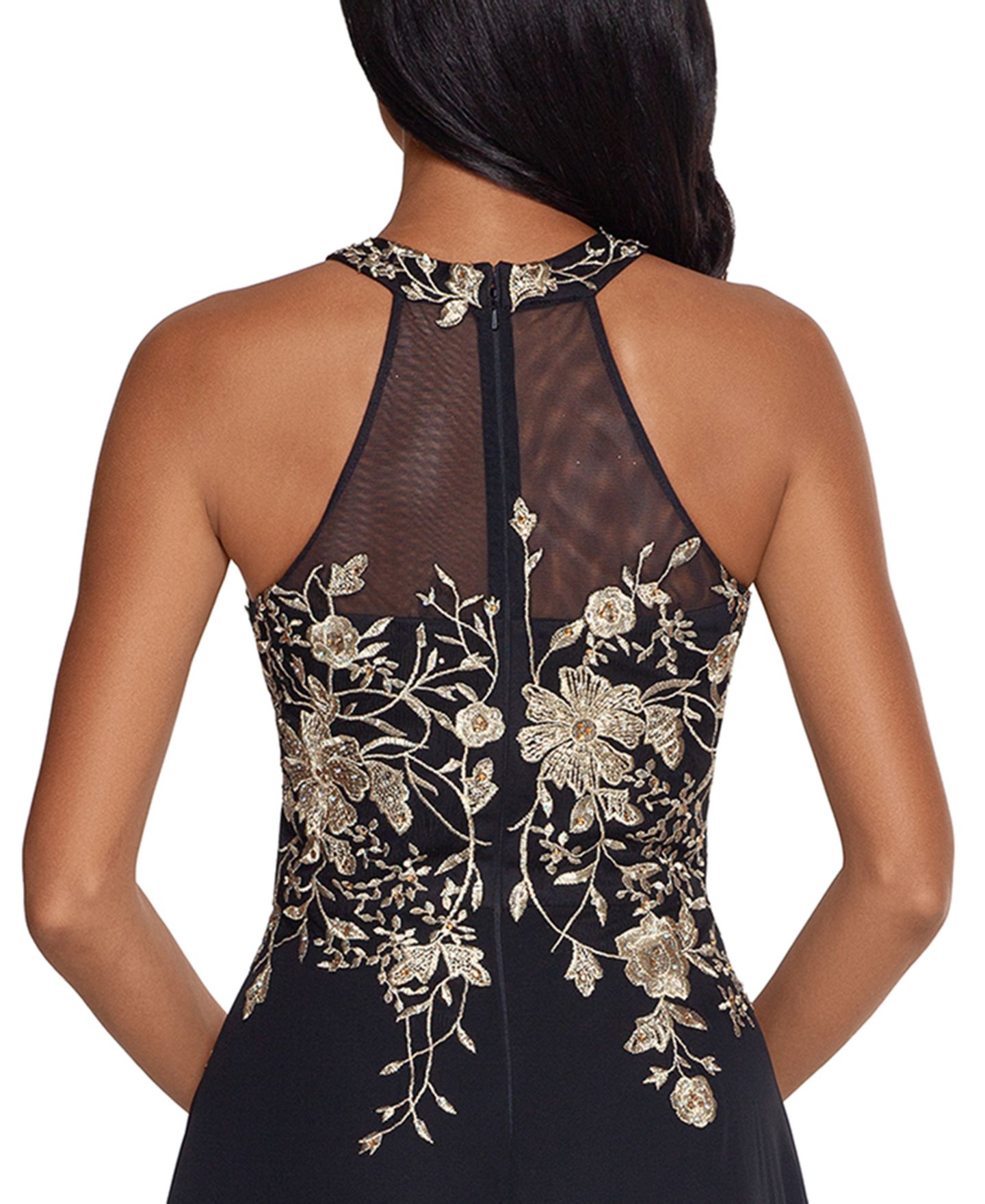 Женские платья Betsy & Adam Embellished Chiffon Illusion Gown, цвет: Чёрный золотой с принтом — фото 4