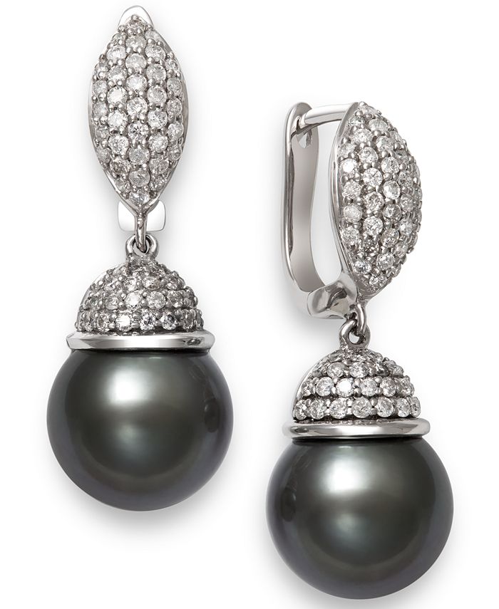 Macy's - Cultured Tahitian Pearl (10mm) & Diamond (5/8 ct. t.w.) Drop Earrings in 14k White Gold