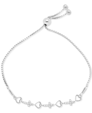 Macy's Diamond Heart & Cross Bolo Bracelet (1/6 Ct. T.w.) In Sterling Silver
