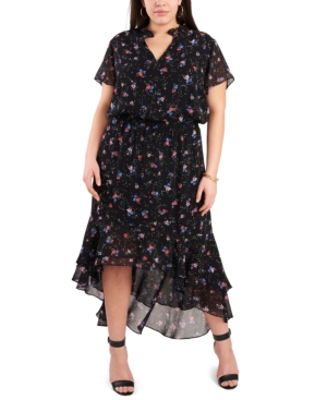 1.STATE TRENDY PLUS SIZE WILDFLOWER BOUQUET PRINTED HIGH-LOW DRESS