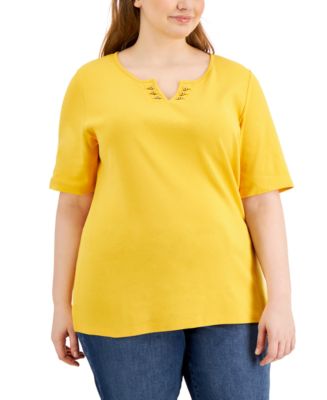Karen Scott Plus Size Cotton Split-Neck T-Shirt, Created for Macy's ...