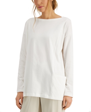 Eileen Fisher Boat-neck Long-sleeve Jersey Tunic In White
